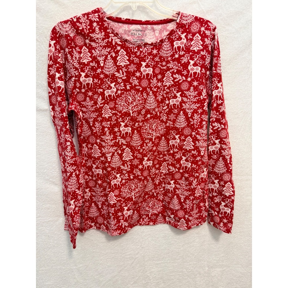 Talbots Womens Red White Reindeer Snowflake Holiday Long Sleeve Tee Large
